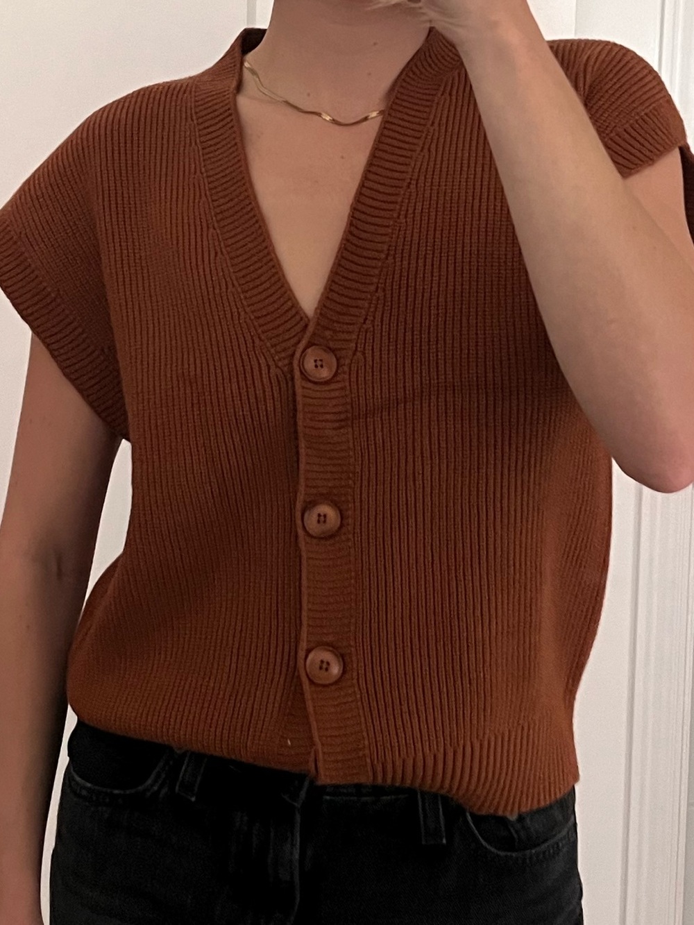 Simons Rust-Brown Ribbed Button-Up Sweater Vest